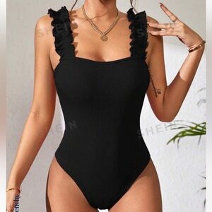 Never Worn: SHEIN Frenchy Frill Trim Solid Cami Bodysuit - Black 8/10 - Large